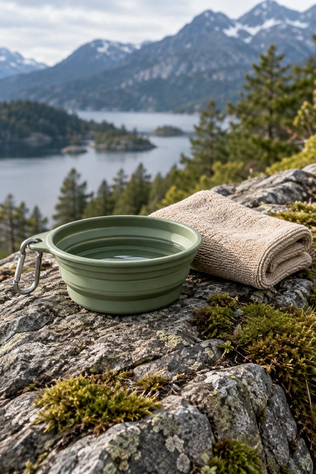 Sage travel bowl and towel on a rock